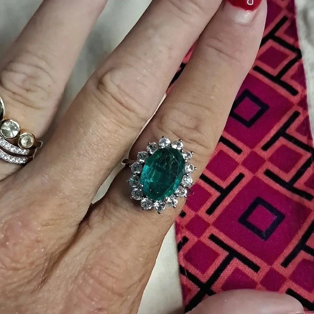 Emeraldine Quartz (Triplet) & Natural White Zircon Ring